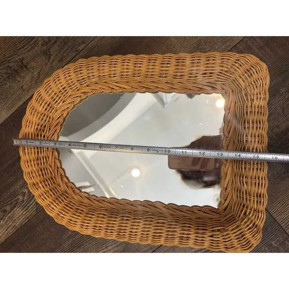 Vintage Wicker Rattan Mirror Arched Wall Hanging Boho Coastal Cottage MCM 15x12